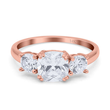 14K Rose Gold Cushion Three Stone Bridal Wedding Engagement Ring Simulated CZ Size-7